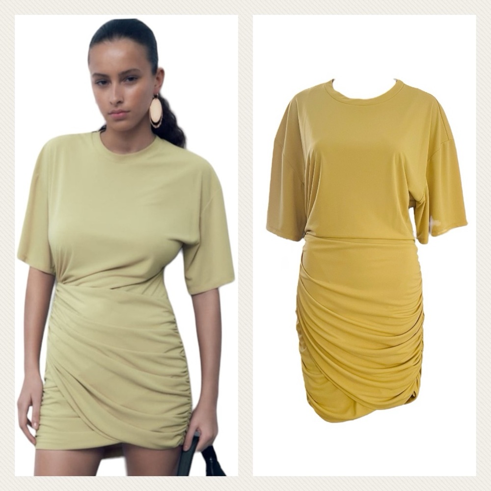 NWOT. Zara Short Sleeve Ruched Mini Dress in Mustard Yellow  Size XL